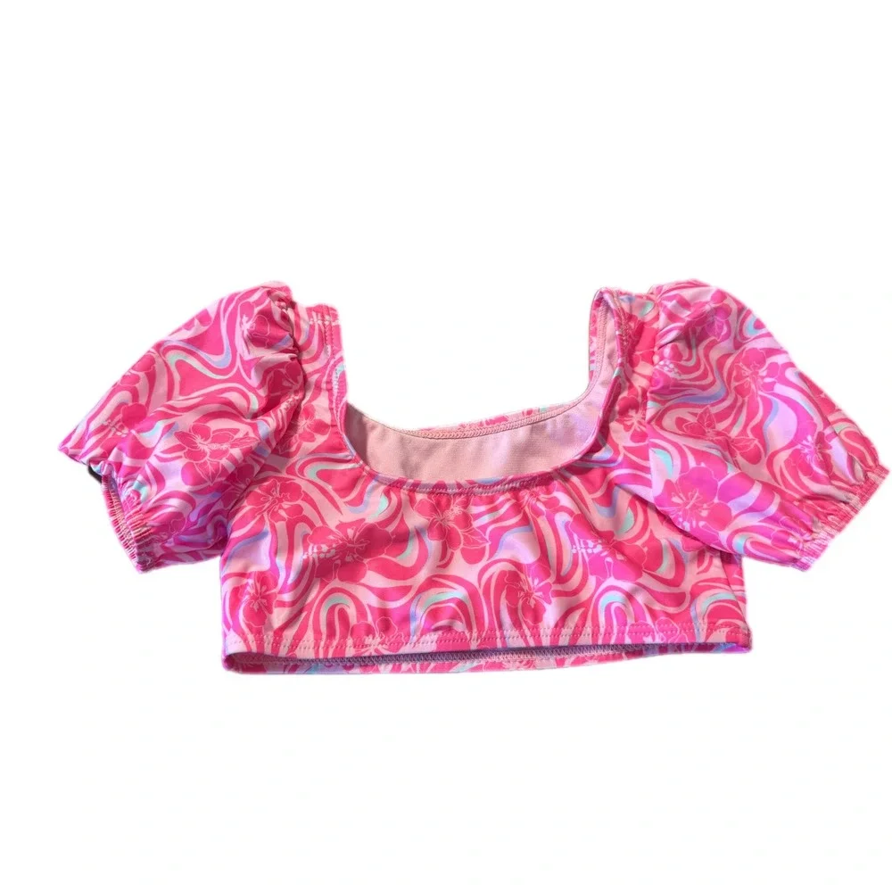 Wonder Nation Bikini Top Kids Size M 7-8 Pink Floral Puff‎ Sleeve Excellent